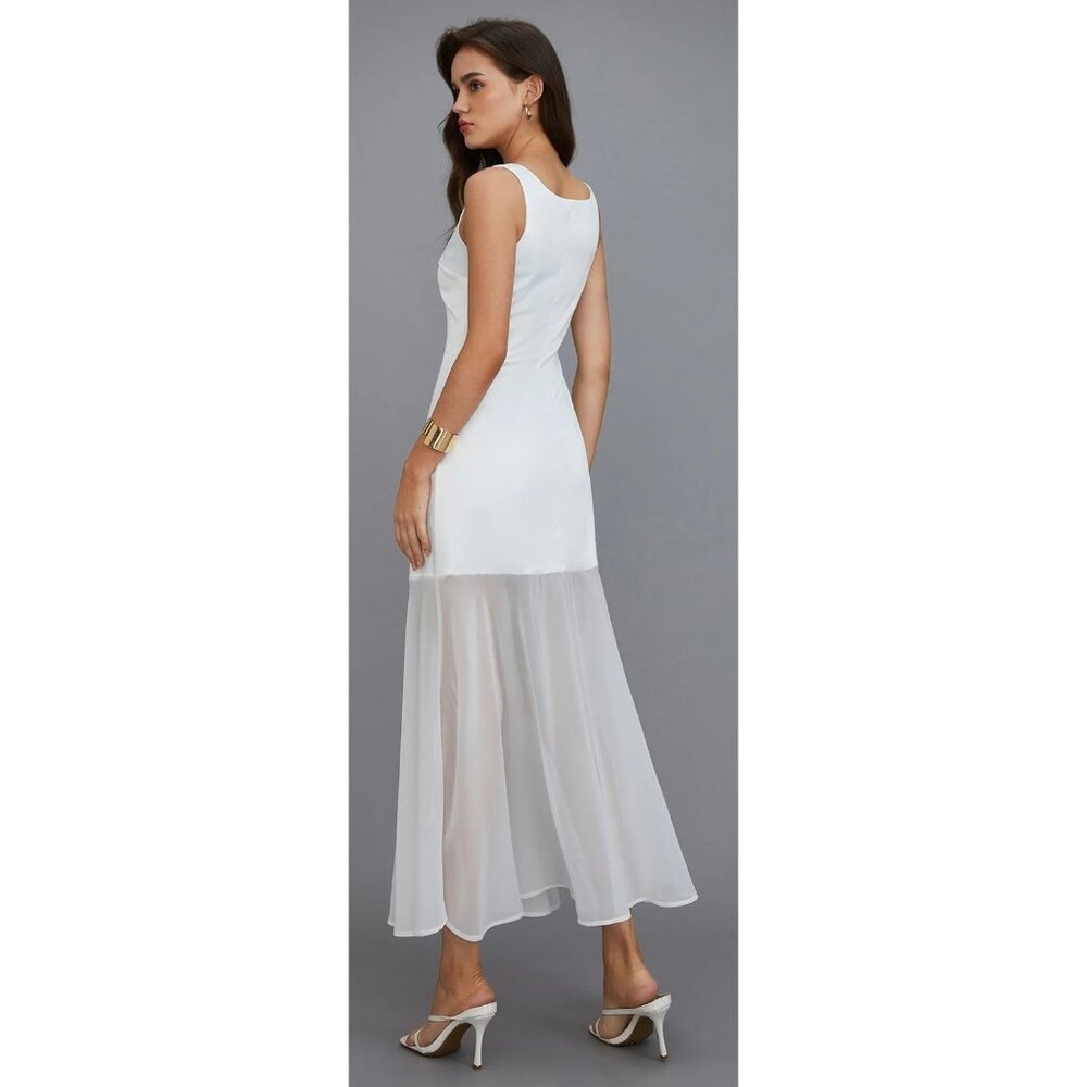 NWT Commense White Sleeveless Satin Maxi Dress W/ Sheer Skirt Size Medium - Picture 2 of 9